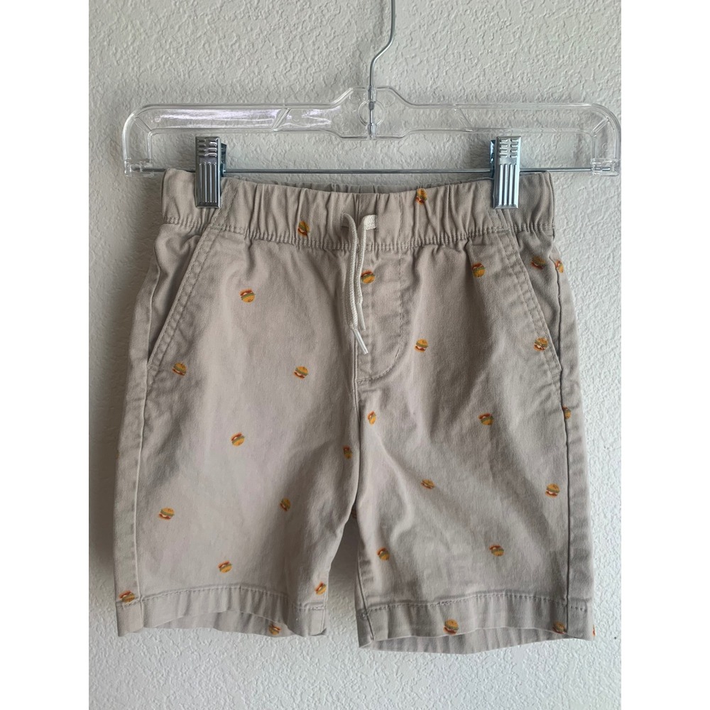 Old Navy Boys Khaki Tan Hamburger Embroidered Chino Shorts Size S 6-7 Drawstring